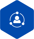 Icon of a person surrounded by orbiting circles on a blue hexagonal background, suggesting connection or user network.