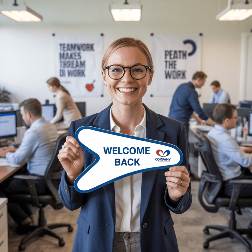 Office worker holding "Welcome Back" sign.